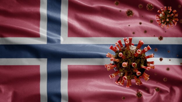 3D, bandera noruega ondeando con un brote de coronavirus que infecta el sistema respiratorio como una gripe peligrosa. Virus Covid 19 de influenza tipo con fondo de soplado de plantilla nacional de Noruega.