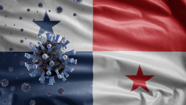 3D, bandera panameña ondeando y concepto nCov Coronavirus 2019. Brote asiático en Panamá, coronavirus influenza como casos peligrosos de cepa de influenza como pandemia. Microscopio virus Covid19 cerrar