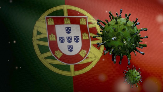 3D, bandera portuguesa ondeando con un brote de coronavirus que infecta el sistema respiratorio como una gripe peligrosa. Virus Covid 19 de influenza tipo con pancarta nacional de Portugal en el fondo.