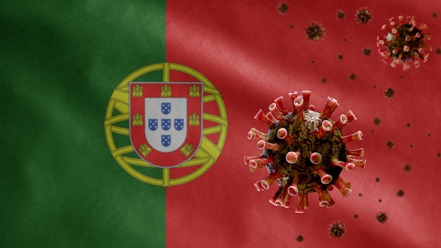 Foto 3d, bandera portuguesa ondeando con un brote de coronavirus que infecta el sistema respiratorio como una gripe peligrosa. virus covid 19 de influenza tipo con plantilla nacional de portugal soplando