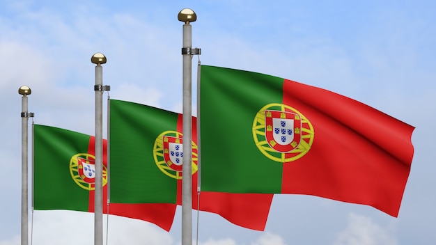 3D, bandera portuguesa ondeando en el viento con cielo azul y nubes. Cerca de Portugal banner soplado, seda suave y lisa. Fondo de la bandera de la textura de la tela del paño.