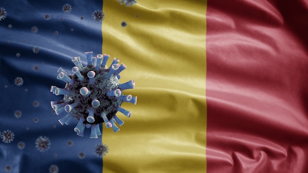 3D, bandera rumana ondeando y concepto de coronavirus 2019 nCov. Brote asiático en Rumania, los coronavirus de la influenza como casos peligrosos de la cepa de la gripe como una pandemia. Virus de microscopio Covid19