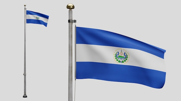 3D, bandera salvadoreña ondeando en el viento. Cerca de Salvador bandera que sopla, seda suave y lisa. Fondo de la bandera de la textura de la tela del paño. Úselo para el concepto de ocasiones de día nacional y país.