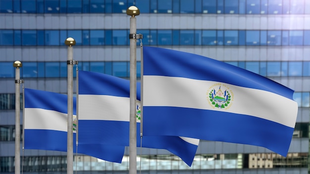 3D, bandera salvadoreña ondeando en el viento con la ciudad moderna de rascacielos. Bandera de Salvador soplando seda suave. Fondo de la bandera de la textura de la tela del paño. Úselo para el concepto de ocasiones de día nacional y país.