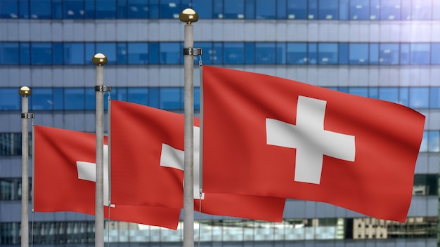 3D, bandera de Suiza ondeando en el viento con la ciudad moderna de rascacielos. Estandarte suizo soplando seda suave. Fondo de la bandera de la textura de la tela del paño. Úselo para el concepto de ocasiones de día nacional y país.