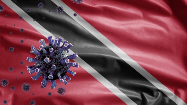 Foto 3d, bandera de trinidad y tobago ondeando y concepto de coronavirus 2019 ncov. brote asiático en trinidad y tobago, coronavirus influenza como casos peligrosos de cepa de influenza como pandemia. virus covid19