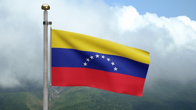 3D, bandera venezolana ondeando en el viento en la montaña. Bandera de Venezuela que sopla seda suave. Fondo de la bandera de la textura de la tela del paño. Úselo para el concepto de ocasiones de día nacional y país.