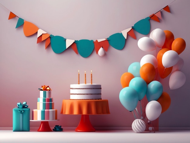 3D-Banner-Hintergrund für Valentinstag-Geburtstag mit Rosensträußen, Geschenkbox und Luftballons