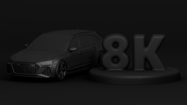 3D-Banner mit 8K-Followern Vielen Dank für das Abonnieren Szene mit 3D-Darstellung des schwarzen Autos