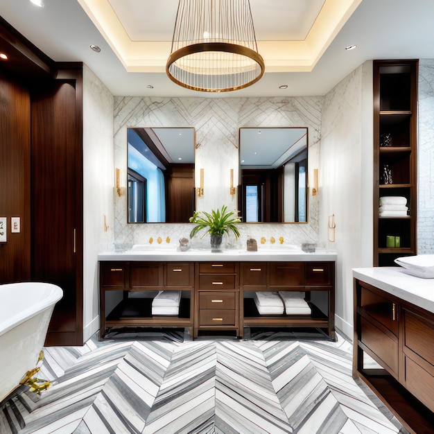3d de baño moderno con mármol blanco y negro y madera