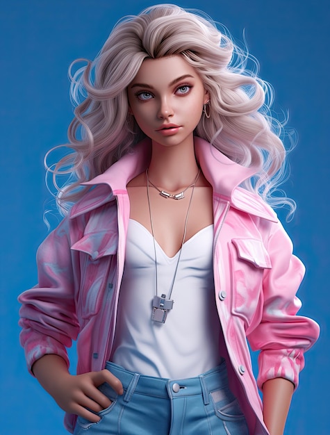3D Barbie en chaqueta rosa y jeans coloridos dibujos animados