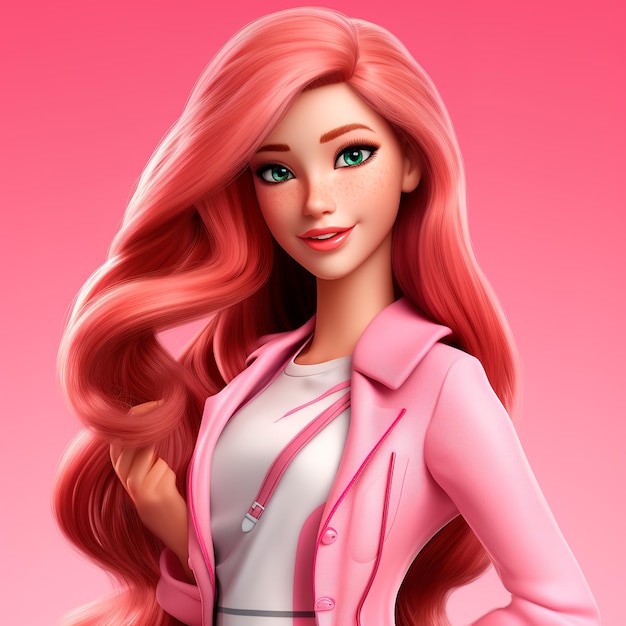 3D-Barbie mit roten Haaren, langen glatten rosa Haaren und einem äußerst realistischen rosa Outfit