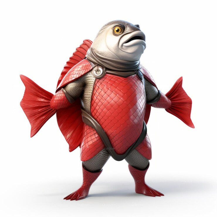 Foto 3d barramundi superherói peixe inspirado em quadrinhos em traje vermelho
