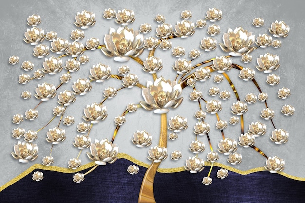 3D-Baum-Wandtapete mit goldenen Blumen brauner Stumpf in grauem Hintergrund.