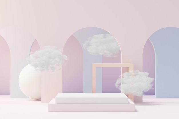 3D-Beauty-Premium-Sockel-Produktdisplay mit Dreaming Land und flauschiger Wolke. Minimale Pastellhimmel- und Wolkenszene für aktuelle Produktwerbung und Schönheitskosmetik. Romantik-Land der Träume-Konzept.