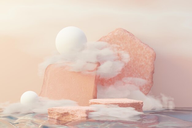 3D-Beauty-Premium-Sockel-Produktdisplay mit Dreaming Land und flauschiger Wolke. Minimale rosa Himmels- und Wolkenszene für aktuelle Produktwerbung und Schönheitskosmetik. Romantik-Land der Träume-Konzept.