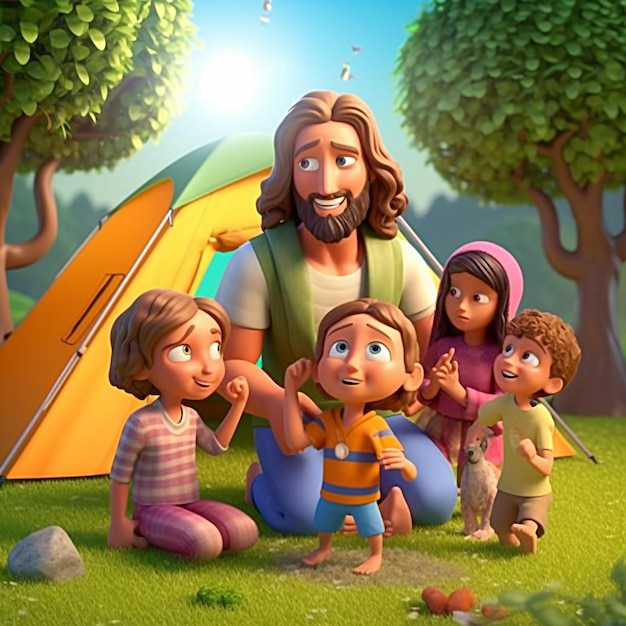3D-Bibelzeichnungen von Jesus mit Kindern Heaven Joy Sweet Camp Kinderbibel-Farbfest