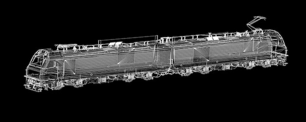 3D-Bild einer Elektrolokomotive in einem Drahtgerippe vor einem Hintergrund