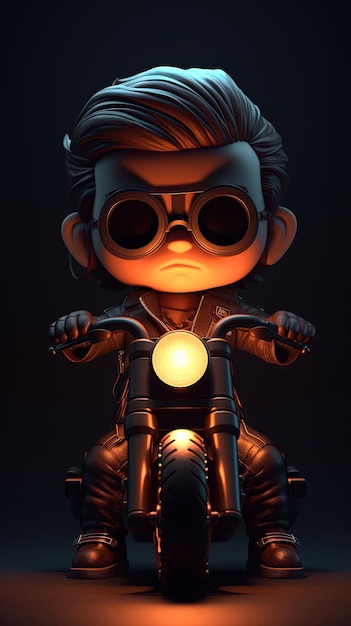 3D-Bild eines coolen Cartoon-Jungen, der Motorrad fährt, auf dunklem Hintergrund, Chibi-Kunst, leuchtendes Licht im NFT-Stil
