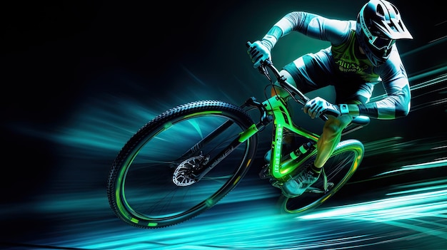 3D-Bild eines Mountainbike-Rennens mit Neonlichtern