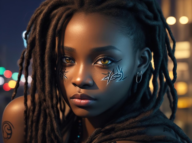 3D-Bild eines wunderschönen 18-jährigen schwarzen Mädchens mit langen Zöpfen in ihren Haaren und perfektem Lichtbro