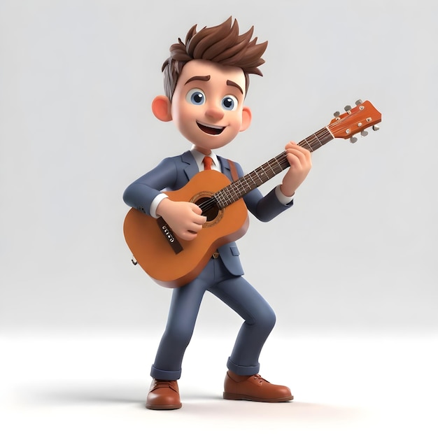 3D-Bild süßer junger Geschäftsmann, der Gitarre auf weißem Hintergrund spielt