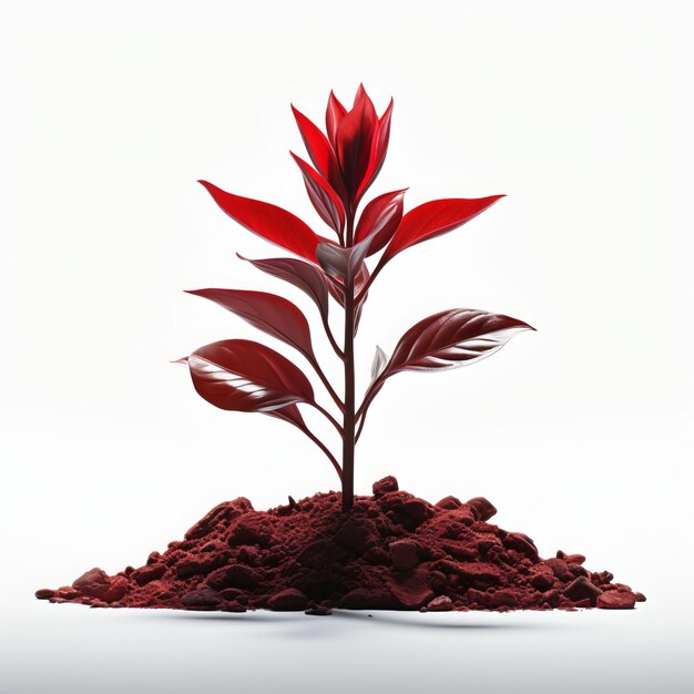 3D-Bild von einer roten Pflanze, die auf einem Bodenhaufen wächst