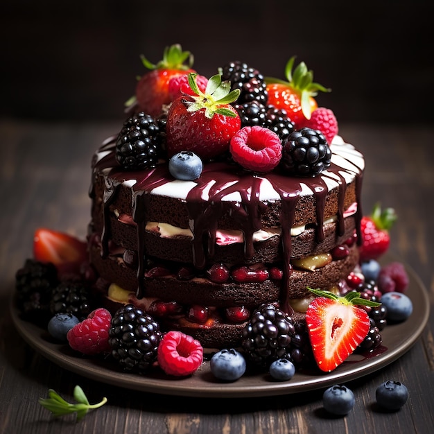 3D-Bild von köstlichem Kuchen, der mit Früchten, Beeren und Nüssen im abstrakten Hintergrund geschmückt ist