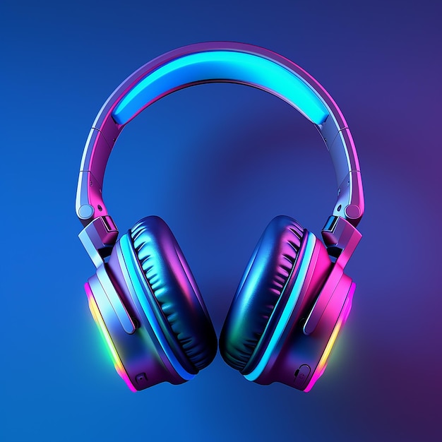 3D-Bild von Kopfhörern in Neonfarben, isoliert auf blauem Hintergrund