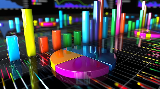 3D-Bild von Kreisdiagramm auf schwarzem Hintergrund mit Balken und Diagrammen