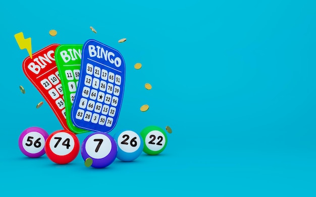 3d bilhetes de loteria coloridos bolas de loteria e moedas em fundo turquesa bingo ou jogo de loteria