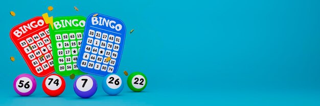 3d bilhetes de loteria coloridos bolas de loteria e moedas em fundo turquesa Bingo ou jogo de loteria