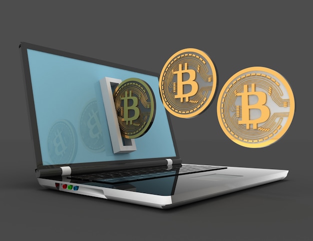 3D-Bitcoin und Laptop. 3D gerenderte Darstellung