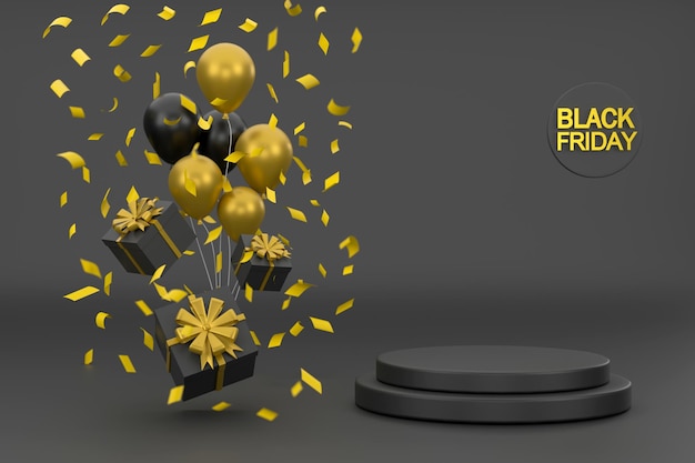 3D Black Friday Podium mit Geschenkboxen Bändern und Luftballons schwarzem Hintergrund