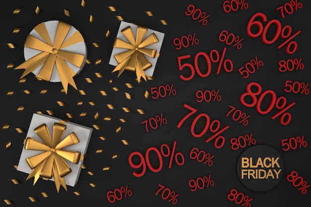 3D Black Friday Sale Promoção Caixa de presente e fita em um fundo preto