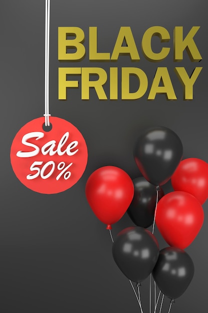 3D. Black Friday-Schild-Tag-Verkauf mit Luftballons auf schwarzem Hintergrund.