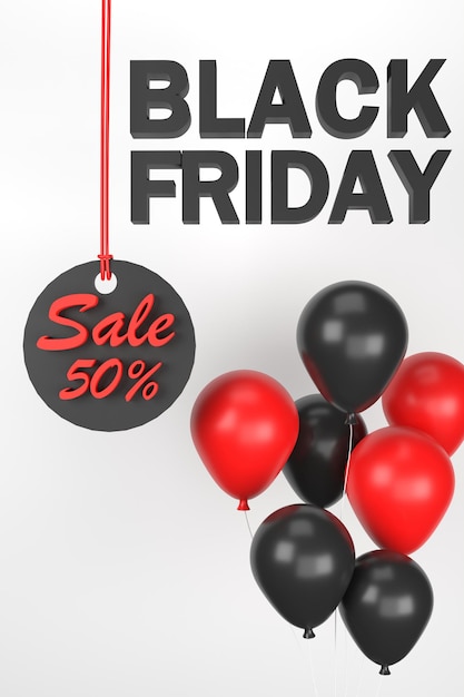 3D. Black Friday-Schild-Tag-Verkauf mit Luftballons auf weißem Hintergrund.