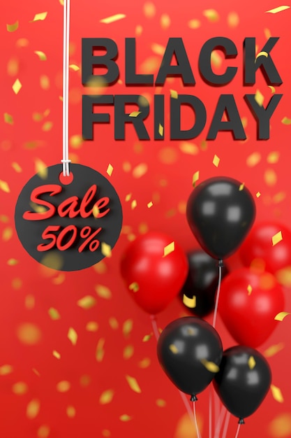 3D. Black Friday-Schild-Tag-Verkauf mit Luftballons und Band auf schwarzem Hintergrund.