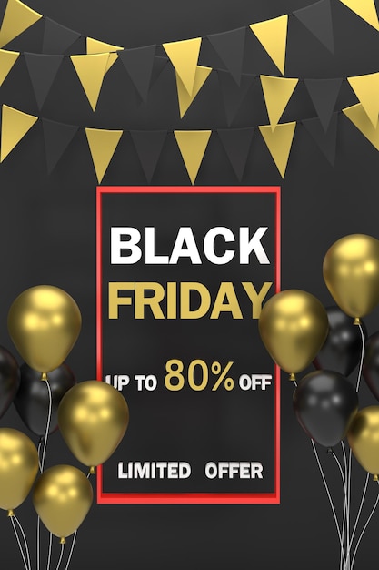 3D. Black Friday-Shopping-Expo mit Flaggen und Luftballons
