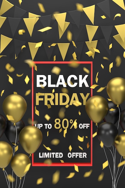 3D. Black Friday Shopping-Feier mit Flaggen und Luftballons