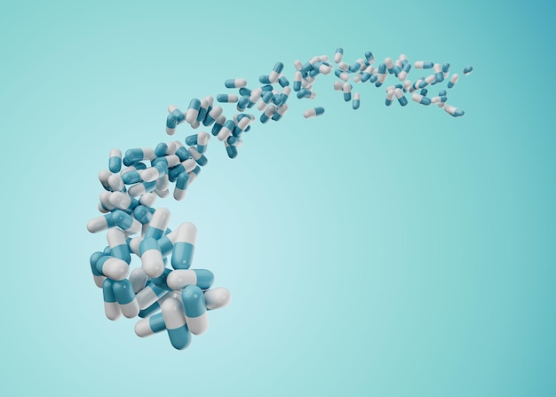 3d Blau-Weiße pharmazeutische Antibiotika-Kapseln fließen in der Luft 3d-Illustration