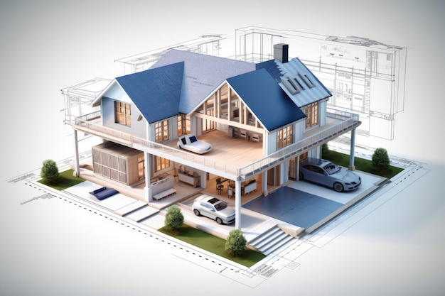 3D-Blauplan eines Hauses mit weißem Hintergrund
