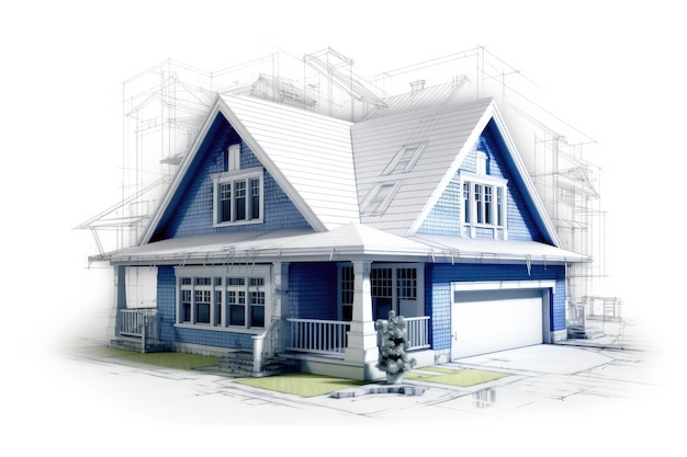 3D-Blauplan eines Hauses mit weißem Hintergrund