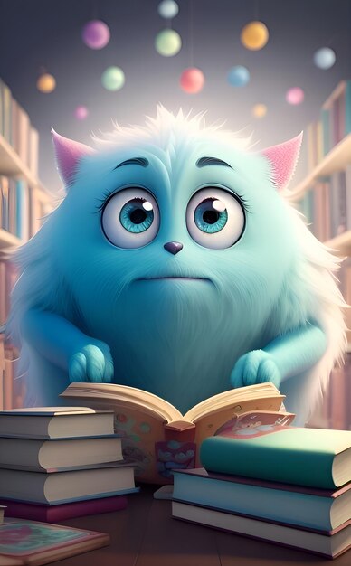 3D Blue Fluffy Monster lendo muitos livros