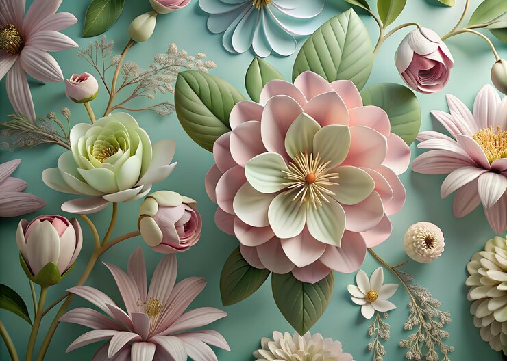 3D-Blüte von Quellen auf blauem Hintergrund