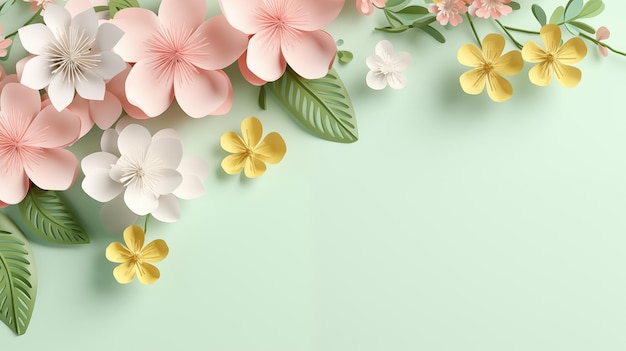 3D-Blüten auf hellgrünem Hintergrund Frühlingszeit und Sommerblüte Glückliches Frühlingskonzept oder Banner