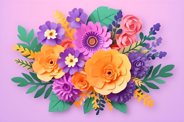 3D-Blumen Illustration botanische Anordnung festlich Blumenstrauß Scherenschnitt Kunst helle Bonbonfarben auf lila Hintergrund Happy Mothers Valentines Womens Day Holiday Concept Ai generiert