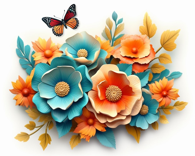 3D-Blumen mit Schmetterlingen Clipart