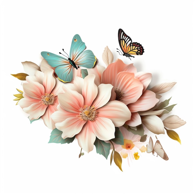 3D-Blumen mit Schmetterlingen Clipart