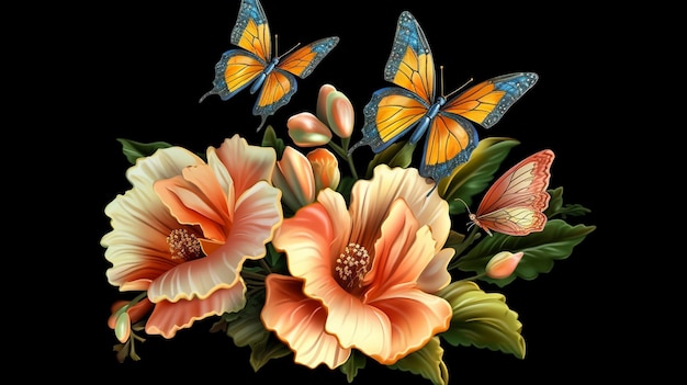 3D-Blumen mit Schmetterlingen Clipart